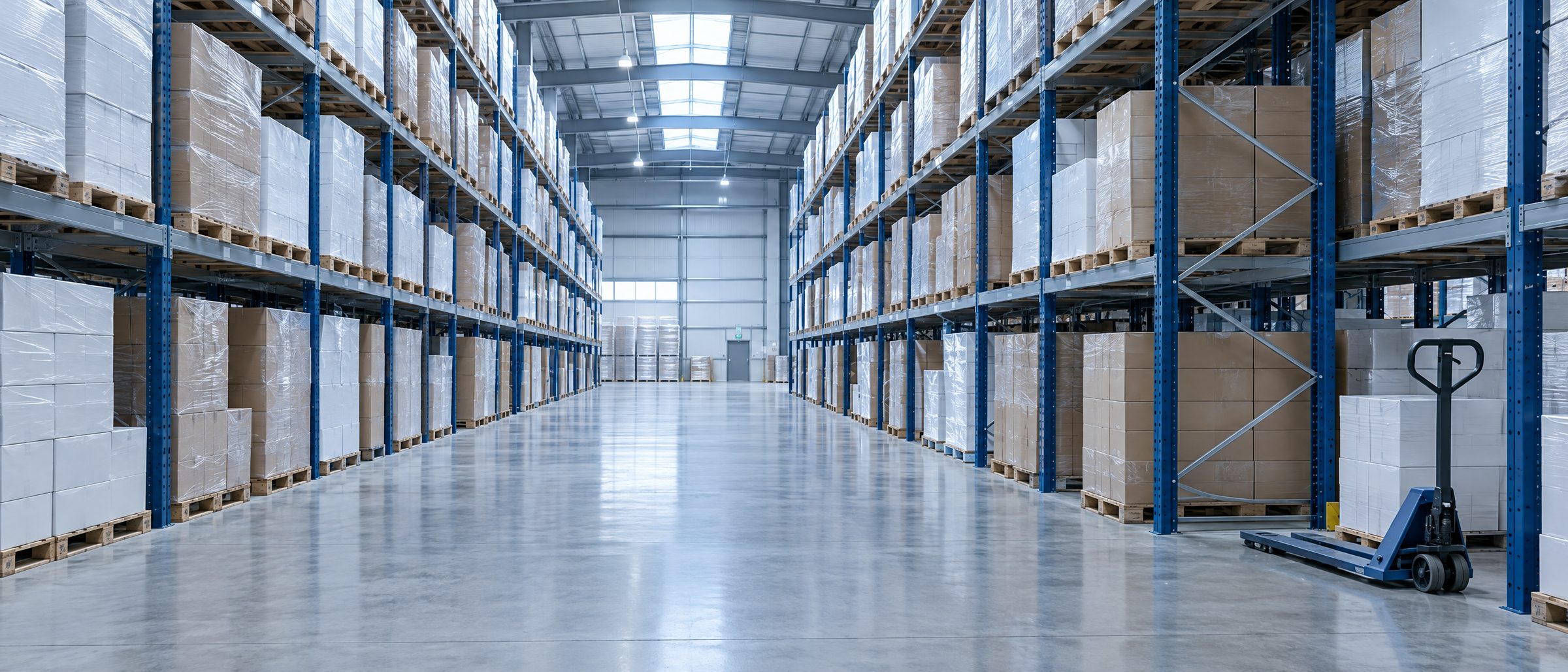 Distribution warehouse aisle with palletized cartons on tall racking