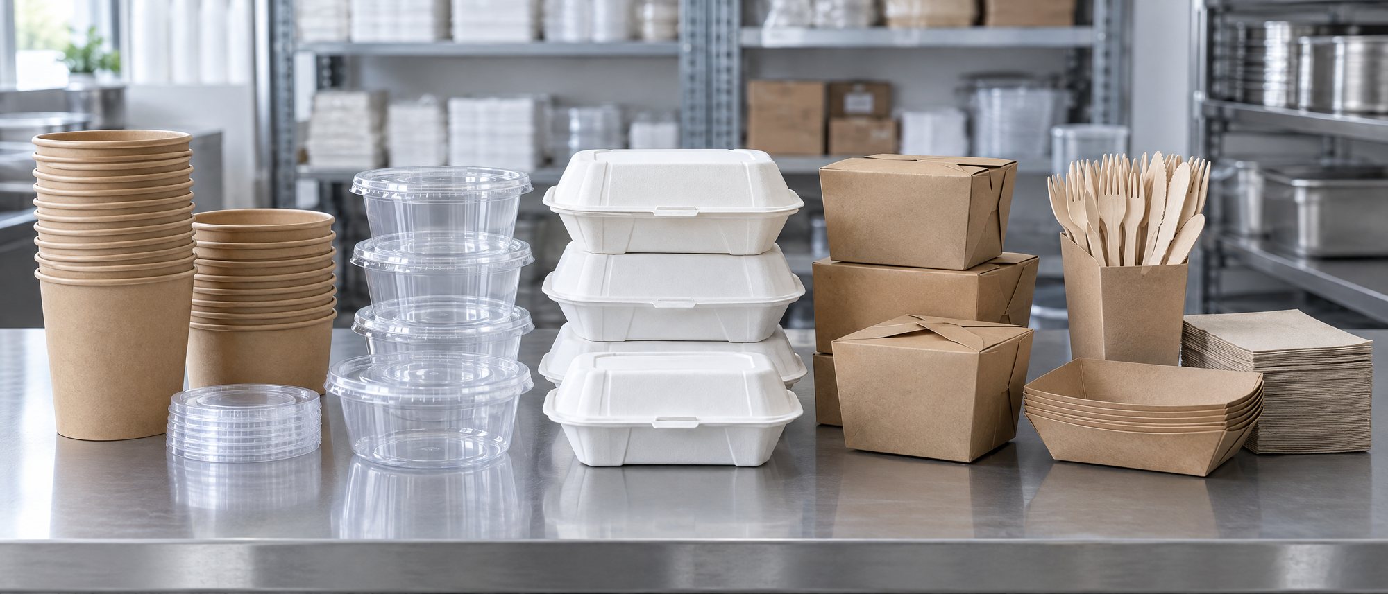 Takeout containers, paper cups, and disposable packaging on a steel counter